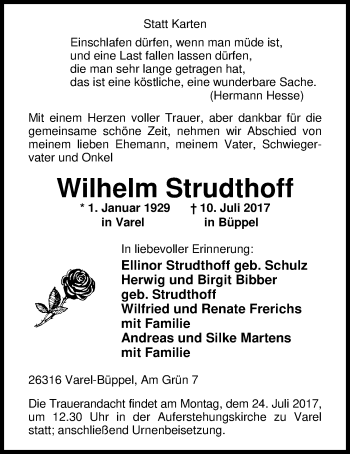 Traueranzeige von Wilhelm Strudthoff von Nordwest-Zeitung