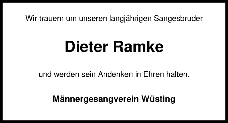 Traueranzeige für Dieter Ramke vom 22.07.2017 aus Nordwest-Zeitung