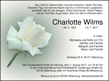 Traueranzeige von Charlotte Wilms von Nordwest-Zeitung