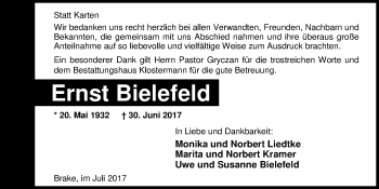 Traueranzeige von Ernst Bielefeld von Nordwest-Zeitung
