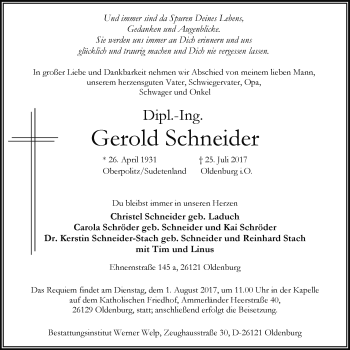 Traueranzeige von Gerold Schneider von Nordwest-Zeitung