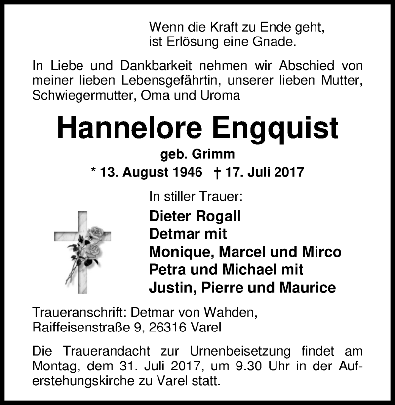  Traueranzeige für Hannelore Engquist vom 28.07.2017 aus Nordwest-Zeitung