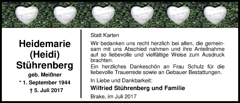  Traueranzeige für Heidemarie Stührenberg vom 29.07.2017 aus Nordwest-Zeitung