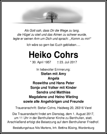 Traueranzeige von Heiko Cohrs von Nordwest-Zeitung