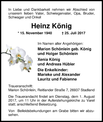 Traueranzeige von Heinz König von Nordwest-Zeitung