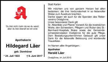 Traueranzeige von Hildegard Läer von Nordwest-Zeitung