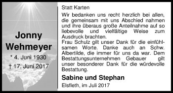 Traueranzeige von Jonny Wehmeyer von Nordwest-Zeitung