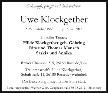 Traueranzeige von Uwe Klockgether von Nordwest-Zeitung