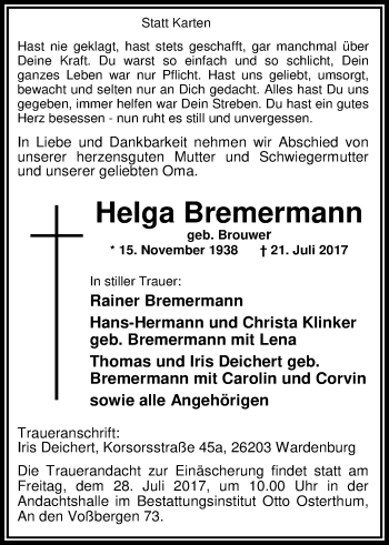 Traueranzeige von Helga Bremermann von Nordwest-Zeitung