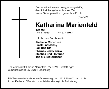 Traueranzeige von Katharina Marienfeld von Nordwest-Zeitung
