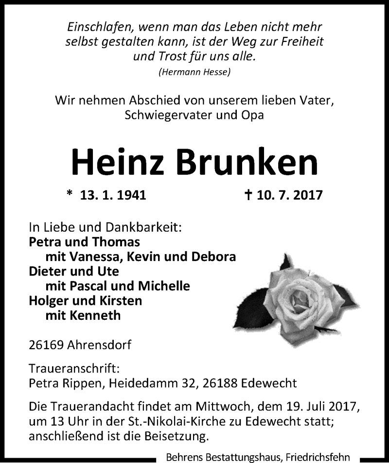  Traueranzeige für Heinz Brunken vom 12.07.2017 aus Nordwest-Zeitung