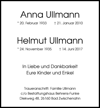 Traueranzeige von Anna Ullmann von Nordwest-Zeitung