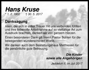 Traueranzeige von Hans Kruse von Nordwest-Zeitung