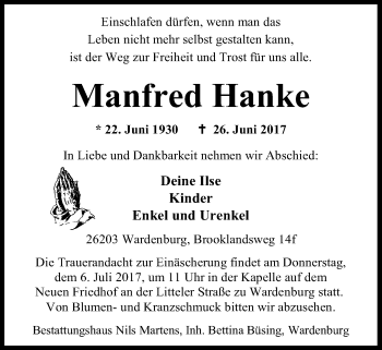 Traueranzeige von Manfred Hanke von Nordwest-Zeitung