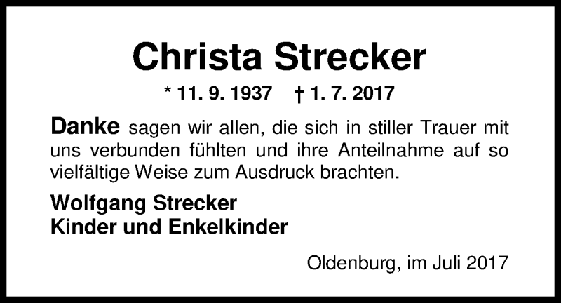  Traueranzeige für Christa Strecker vom 21.07.2017 aus Nordwest-Zeitung