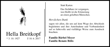 Traueranzeige von Hella Breitkopf von Nordwest-Zeitung
