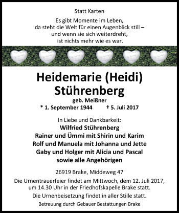 Traueranzeige von Heidemarie Stührenberg von Nordwest-Zeitung