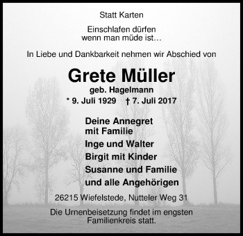 Traueranzeige von Grete Müller von Nordwest-Zeitung