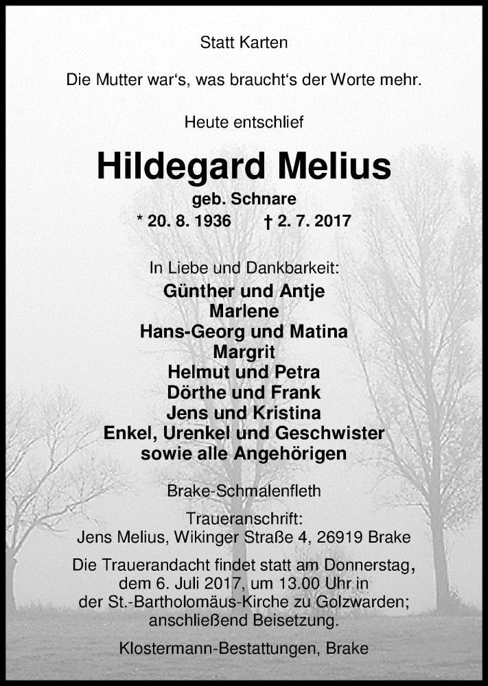  Traueranzeige für Hildegard Melius vom 04.07.2017 aus Nordwest-Zeitung