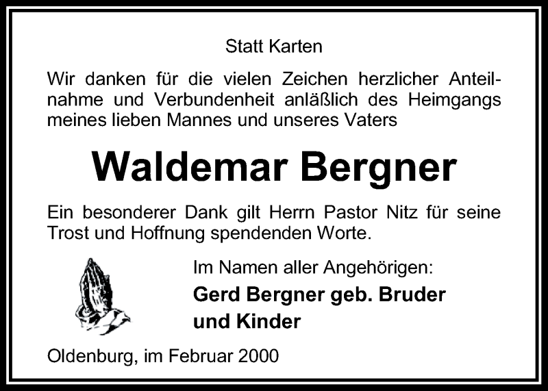  Traueranzeige für Waldemar Bergner vom 26.02.2000 aus nwz
