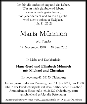 Traueranzeige von Maria Münnich von Nordwest-Zeitung