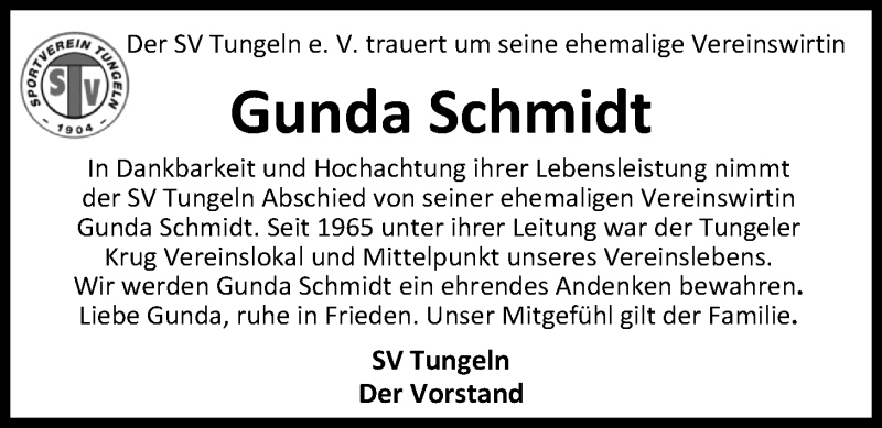  Traueranzeige für Gunda Schmidt vom 24.07.2017 aus Nordwest-Zeitung