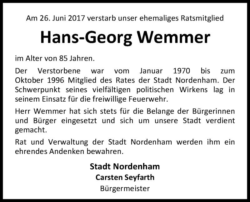  Traueranzeige für Hans-Georg Wemmer  vom 01.07.2017 aus Nordwest-Zeitung