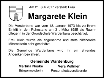 Traueranzeige von Margarete Klein von Nordwest-Zeitung