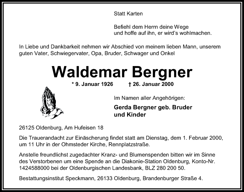  Traueranzeige für Waldemar Bergner vom 28.01.2000 aus NWZ