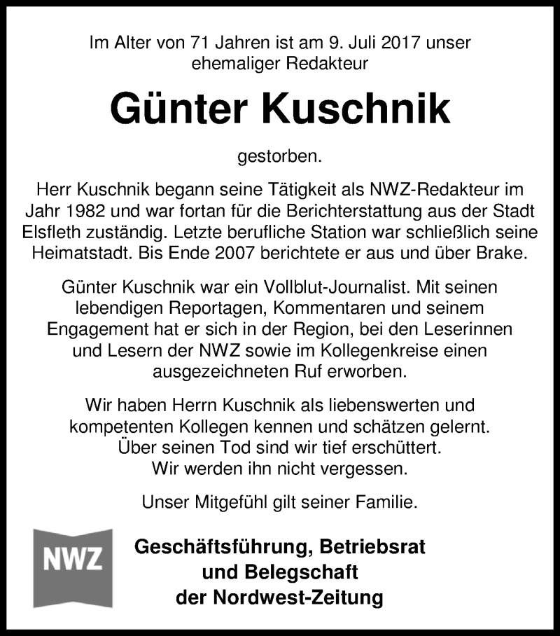  Traueranzeige für Günter Kuschnik vom 13.07.2017 aus Nordwest-Zeitung