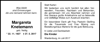Traueranzeige von Margareta Knetemann von Nordwest-Zeitung