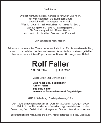 Traueranzeige von Rolf Faller von Nordwest-Zeitung