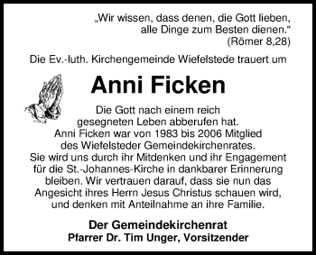 Traueranzeige von Anni Ficken von Nordwest-Zeitung