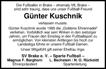 Traueranzeige von Günter Kuschnik von Nordwest-Zeitung