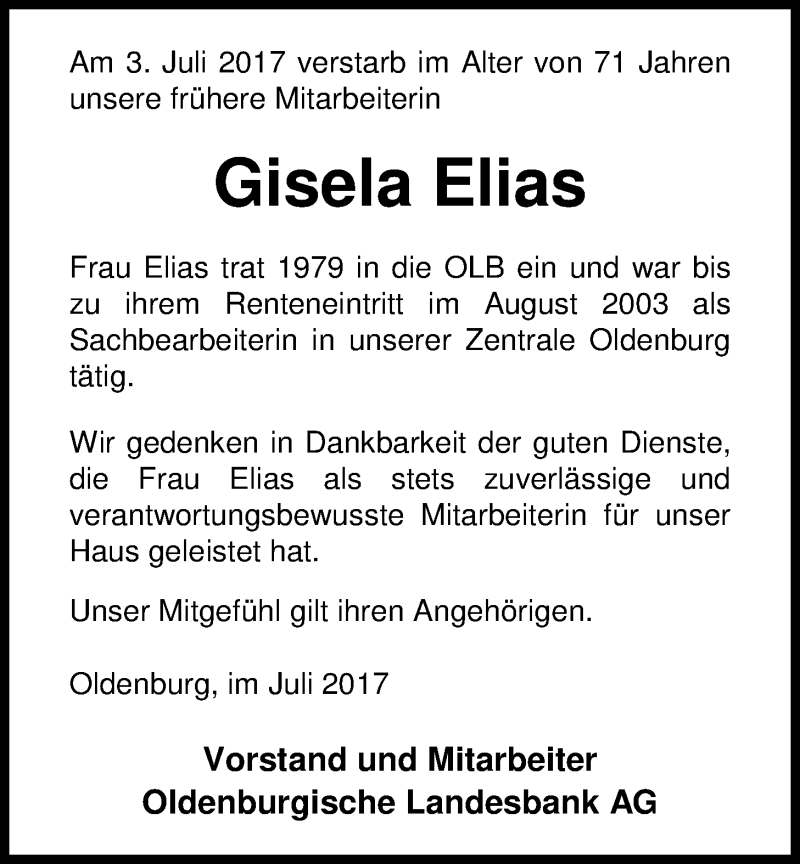  Traueranzeige für Gisela Elias vom 25.07.2017 aus Nordwest-Zeitung