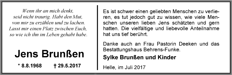  Traueranzeige für Jens Brunßen vom 15.07.2017 aus Nordwest-Zeitung
