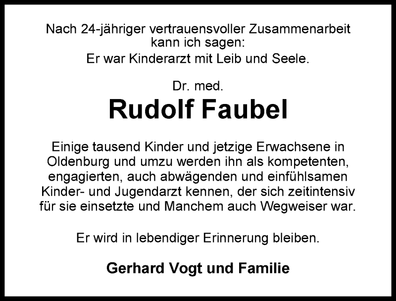  Traueranzeige für Dr. Rudolf Faubel vom 15.07.2017 aus Nordwest-Zeitung