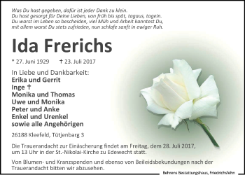 Traueranzeige von Ida Frerichs von Nordwest-Zeitung