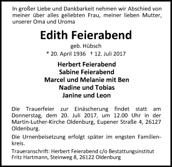 Traueranzeige von Edith Feierabend von Nordwest-Zeitung