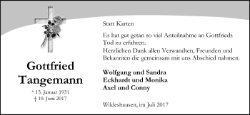 Traueranzeige von Gottfried Tangemann von Nordwest-Zeitung