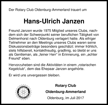 Traueranzeige von Hans-Ulrich Janzen von Nordwest-Zeitung