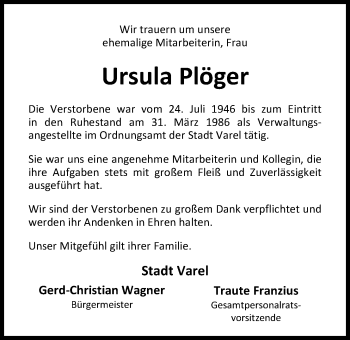 Traueranzeige von Ursula Plöger von Nordwest-Zeitung