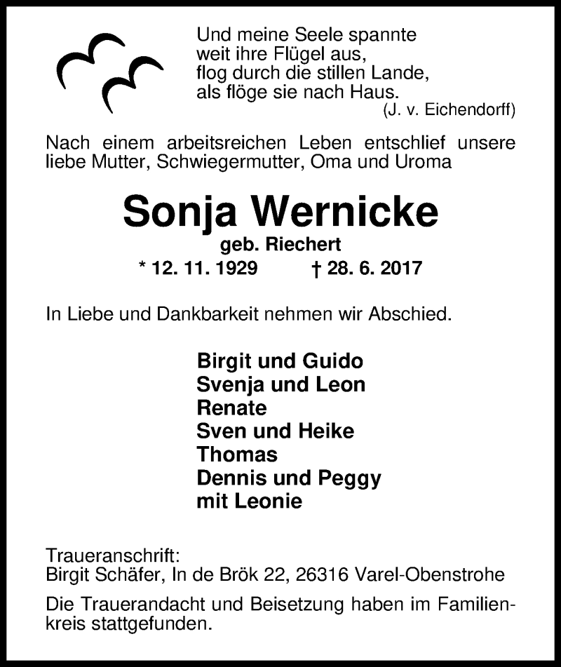 Traueranzeige für Sonja Wernicke vom 05.07.2017 aus Nordwest-Zeitung