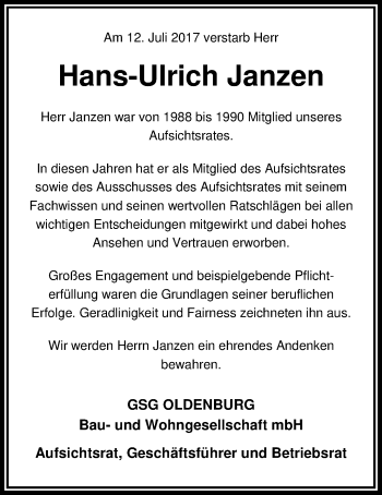 Traueranzeige von Hans-Ulrich Janzen von Nordwest-Zeitung