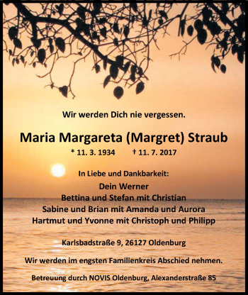 Traueranzeige von Maria Margareta Straub von Nordwest-Zeitung