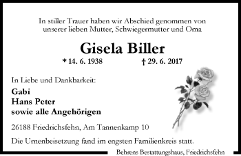 Traueranzeige von Gisela Biller von Nordwest-Zeitung