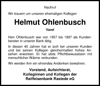 Traueranzeige von Helmut Ohlenbusch von Nordwest-Zeitung