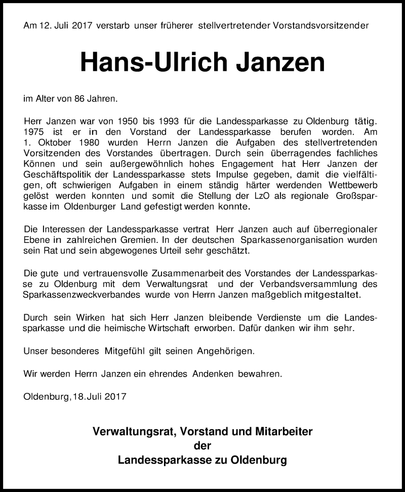  Traueranzeige für Hans-Ulrich Janzen vom 18.07.2017 aus Nordwest-Zeitung