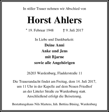 Traueranzeige von Horst Ahlers von Nordwest-Zeitung
