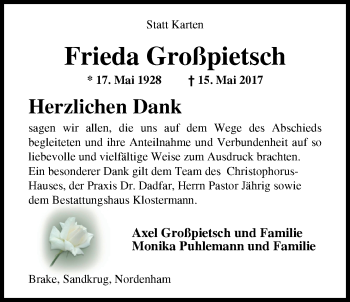 Traueranzeige von Frieda Großpietsch von Nordwest-Zeitung